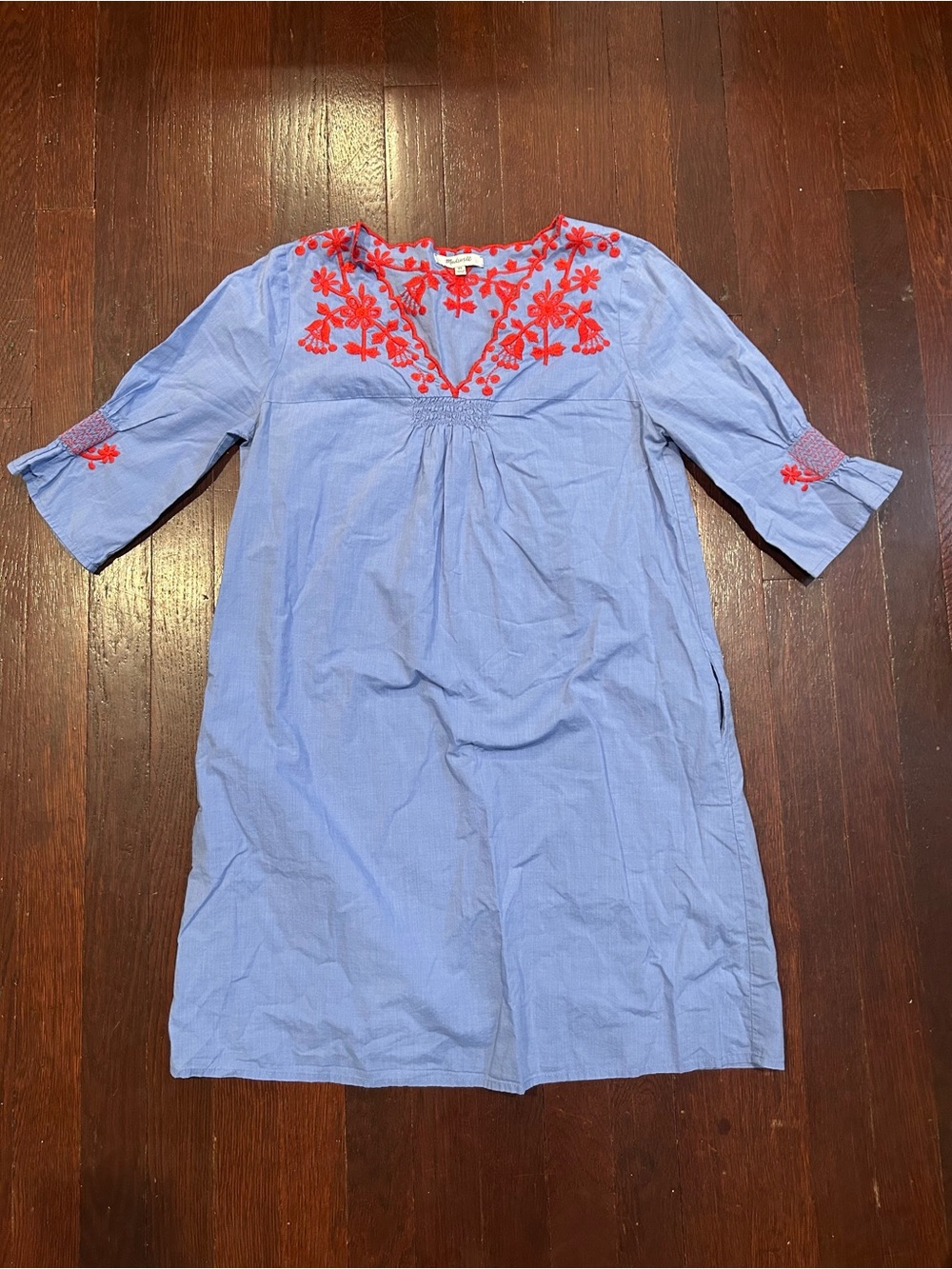 Madewell Light Blue Midi Dress with Red Floral Embroidery